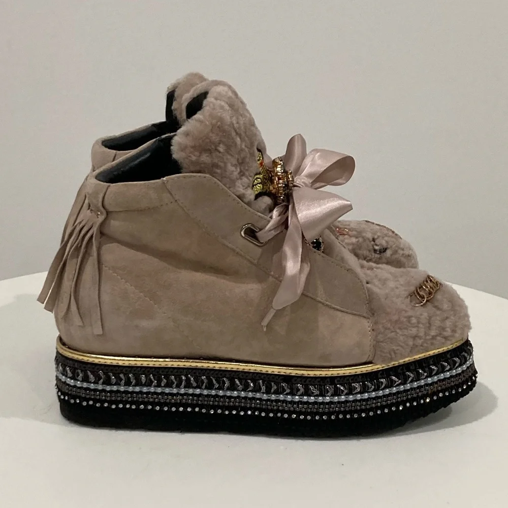 Luxurious Embellished Tan Fur & Suede Platform Boots Silk Laces Women's 8.5 - Picture 8 of 16
